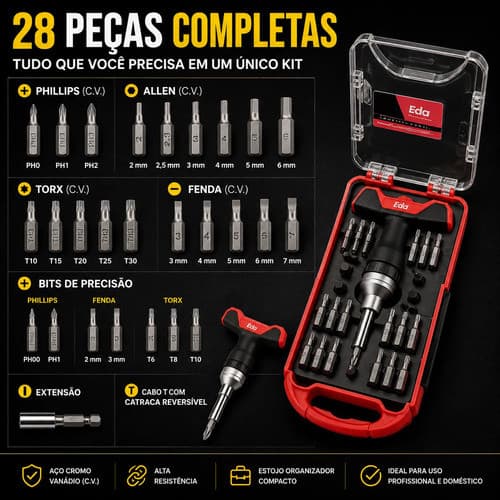 Jogo Chave Catraca Bits Fenda Philips Torx 28 Pecas Cabo T Preto Kit Pontas Bits Com Catraca de Aperto Reversível
