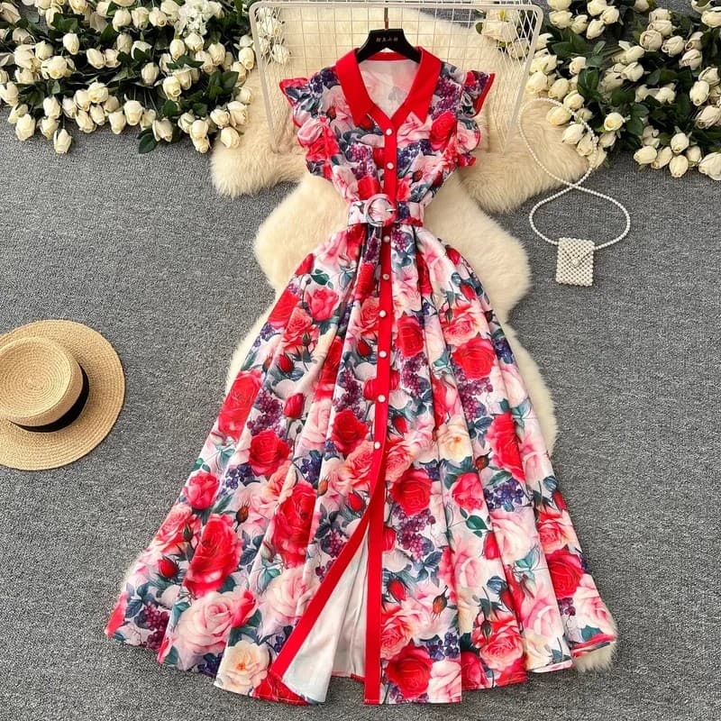 Verão Pista Lindo Boêmio Maxi Vestido Roupas Femininas Manga Voadora Único Breasted Floral Impressão Longo Robe Vestidos