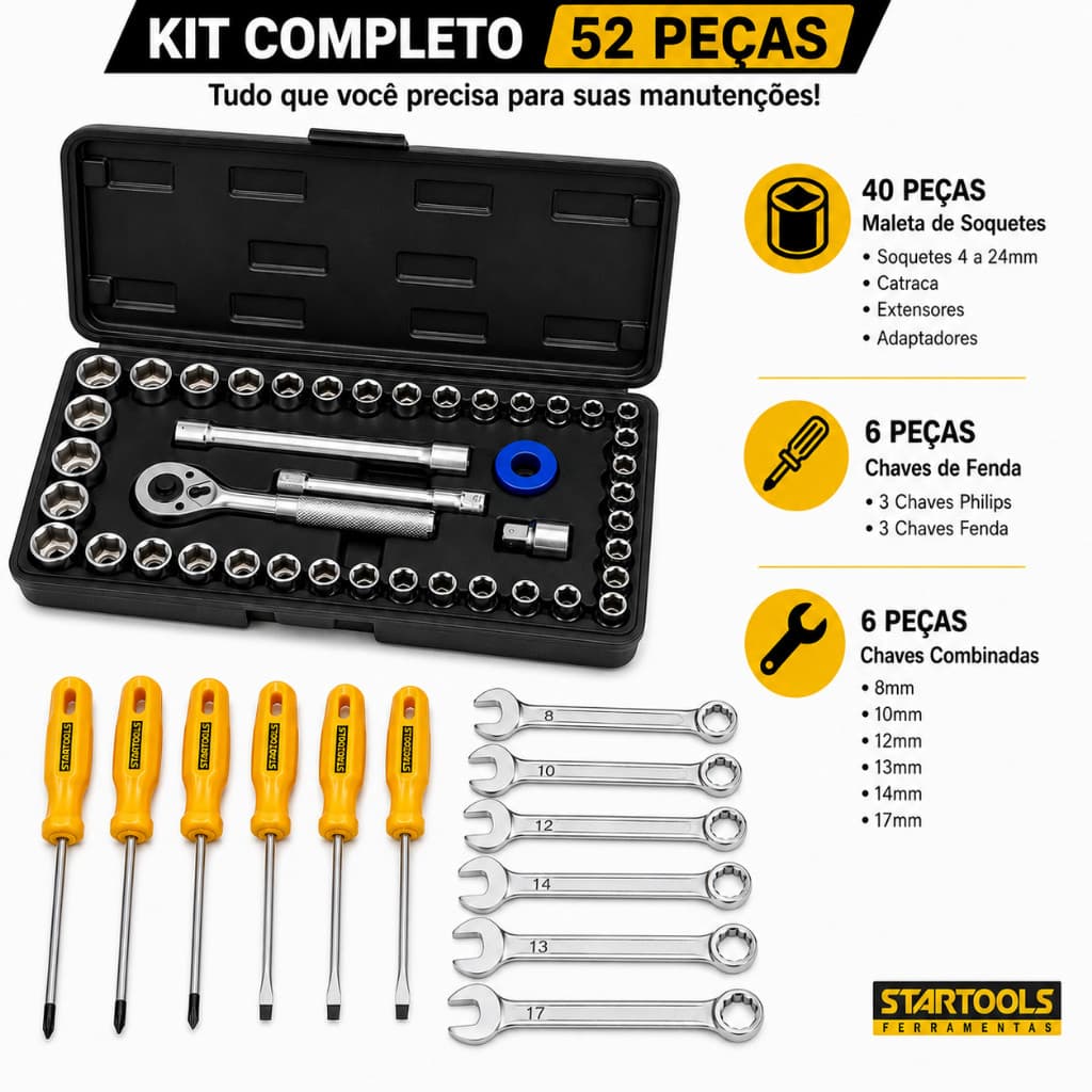 Kit Ferramentas 52 Peças Catraca Soquetes Chaves Combinadas Fenda Phillips Maleta Completo