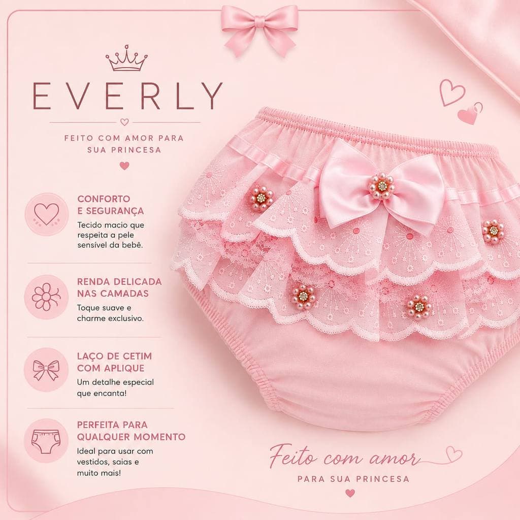 Calcinha Tapa Fralda Infantil Everly com Renda e Laço – Conforto e Charme para sua Princesa
