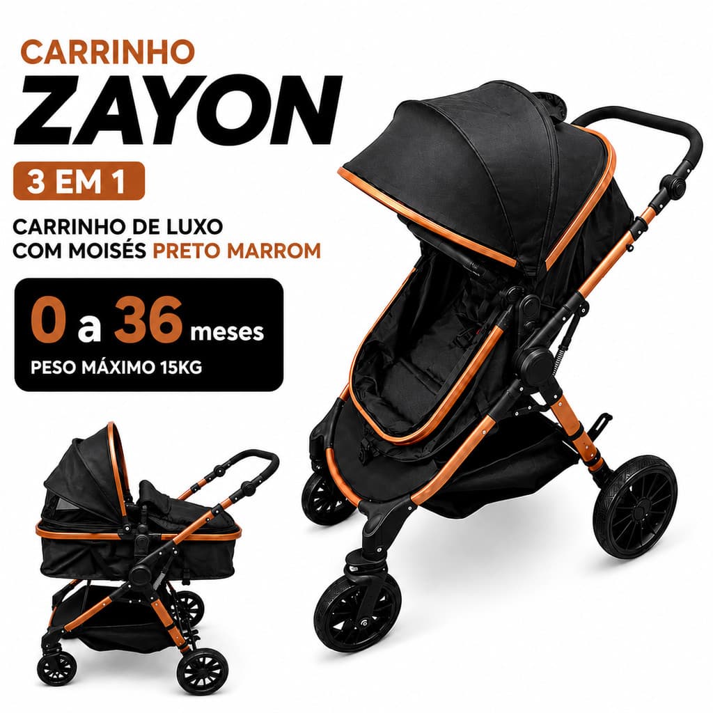 Carrinho de Bebê Zayon 3 em 1 com Moisés 0 a 36 Meses até 15 kg Preto e Marrom – Deep Toys