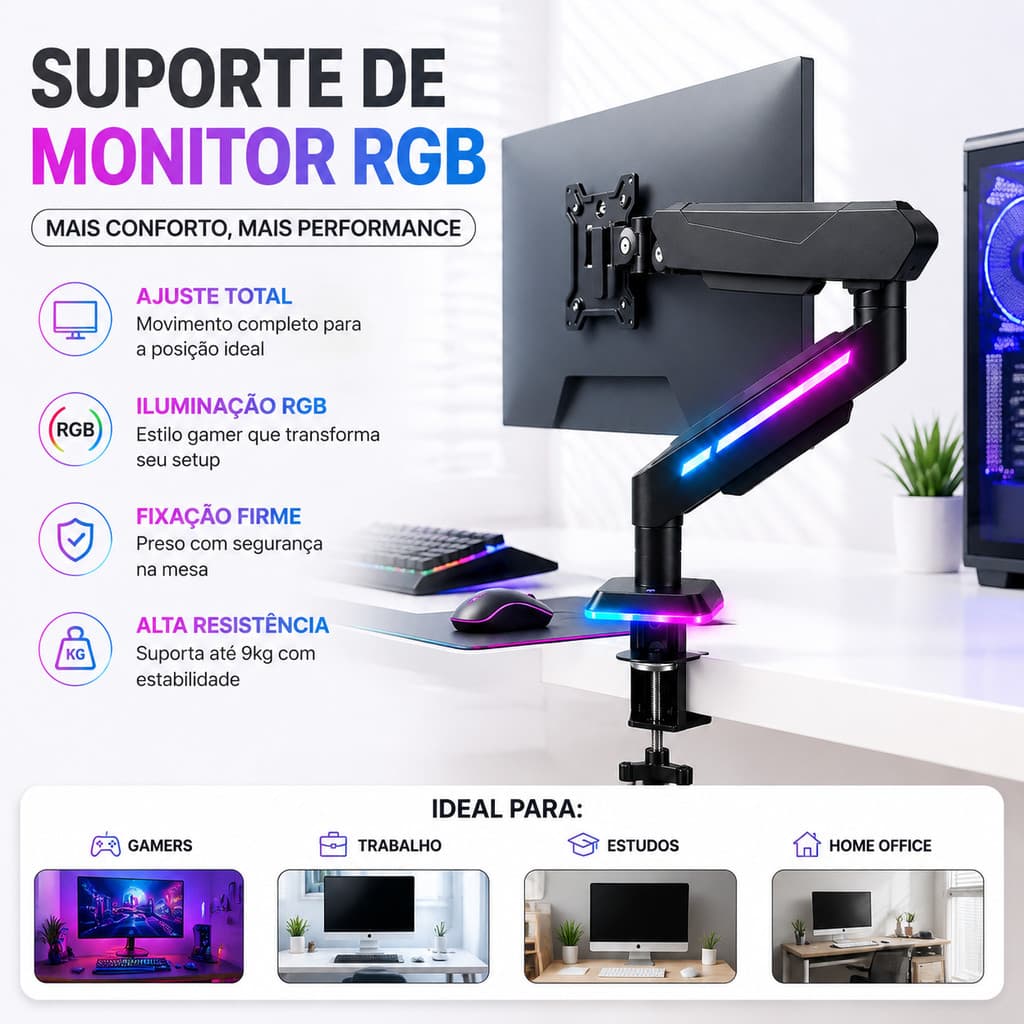 Suporte Articulado Para Monitor RGB Pistão a Gás Alta Flexibilidade Rotação Ajustável para Mesa Gamer