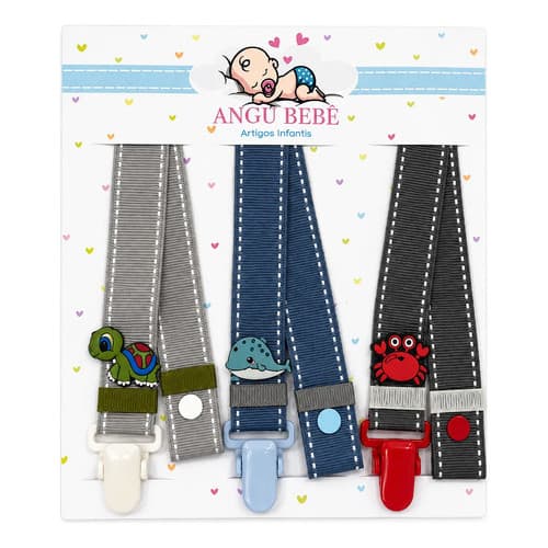 Kit 2 Prendedores de Chupeta Fundo do Mar em Poliéster 30x2cm com Clip Presilha Enxoval Bebê Angu Bebê