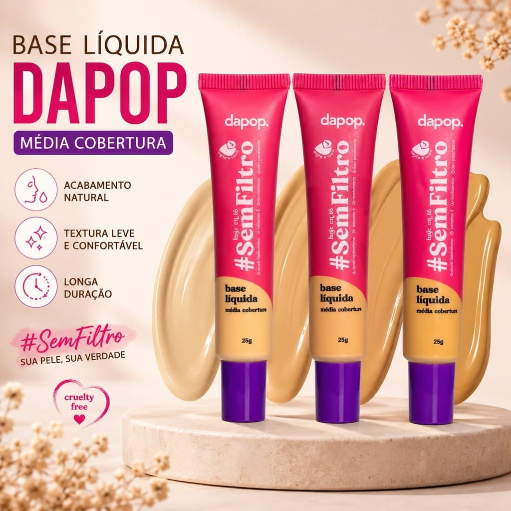 Base Líquida Dapop Sem Filtro Média Cobertura Acabamento Matte Natural 25g