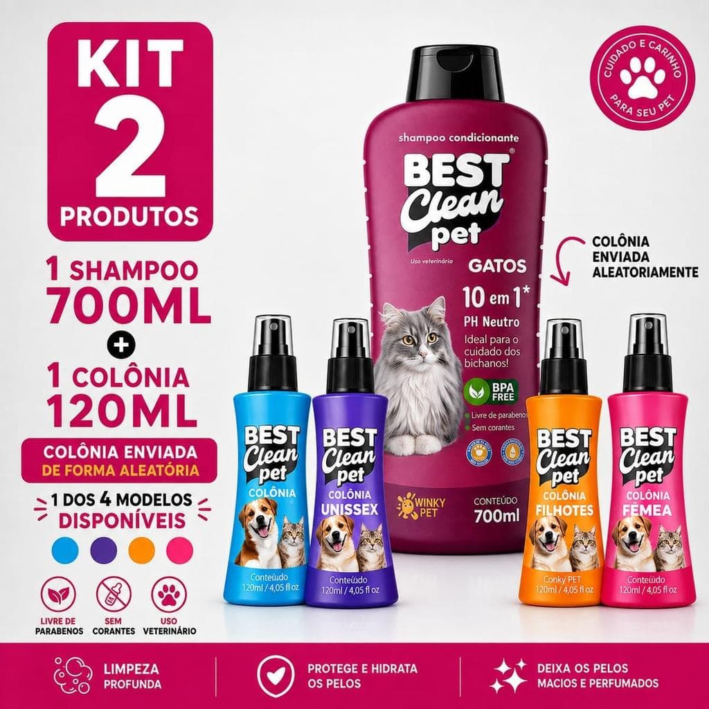 Kit Shampoo Condicionante Pet 10 em 1 700ml com Colônia 120ml - PH neutro, para cães e gatos, sem parabenos