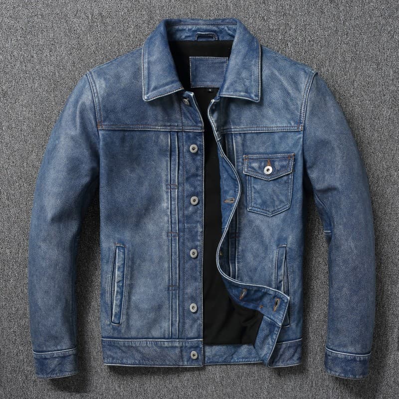 Ami cáqui primeira camada de couro genuíno jaqueta Denim Retro pedra moagem velho jaqueta masculina curto outono jaqueta