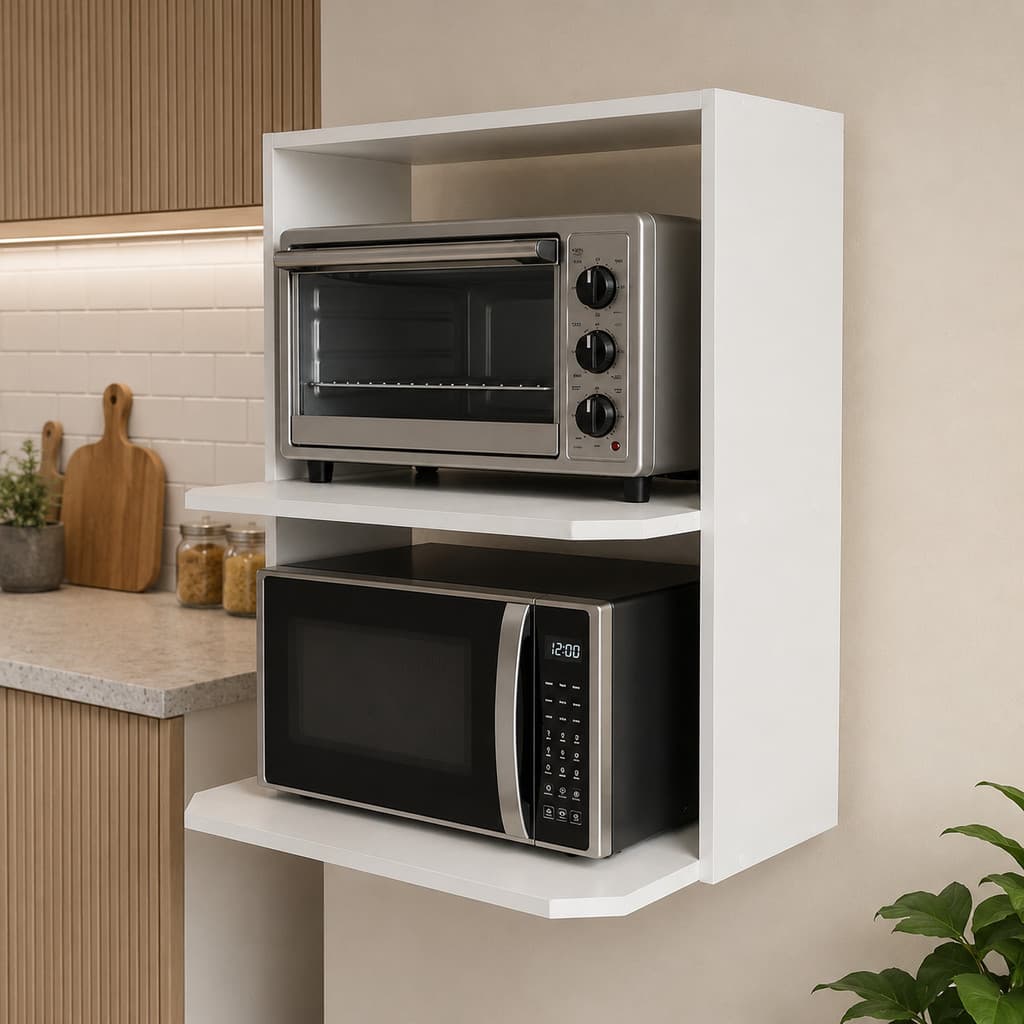 Suporte Para Microondas Forno Eletrico E Air Fryer Prateleira Nicho De Parede MDF Cores Branca E Preta fixação suporte