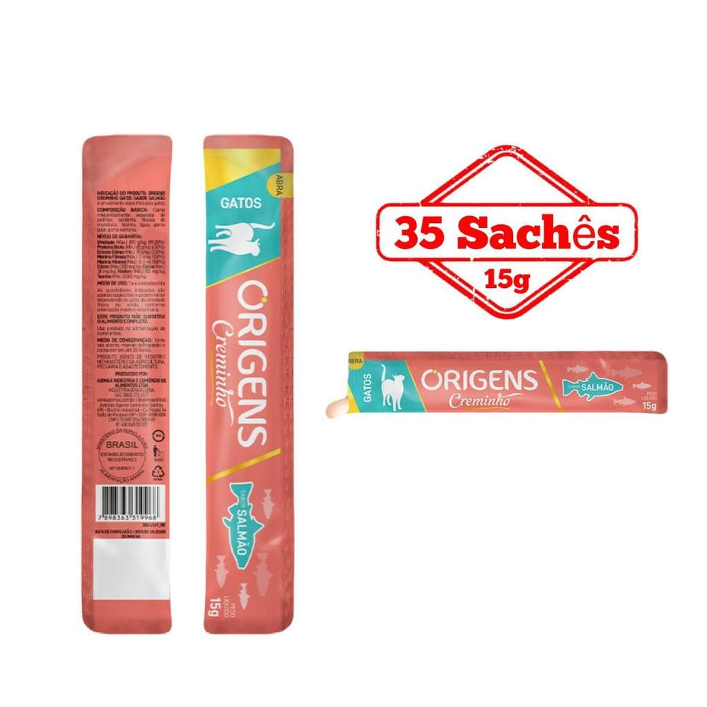Petisco Cremoso Para Gatos Origens Creminho Snack Saudável Premium Sabor Salmão 15g 35 Un.