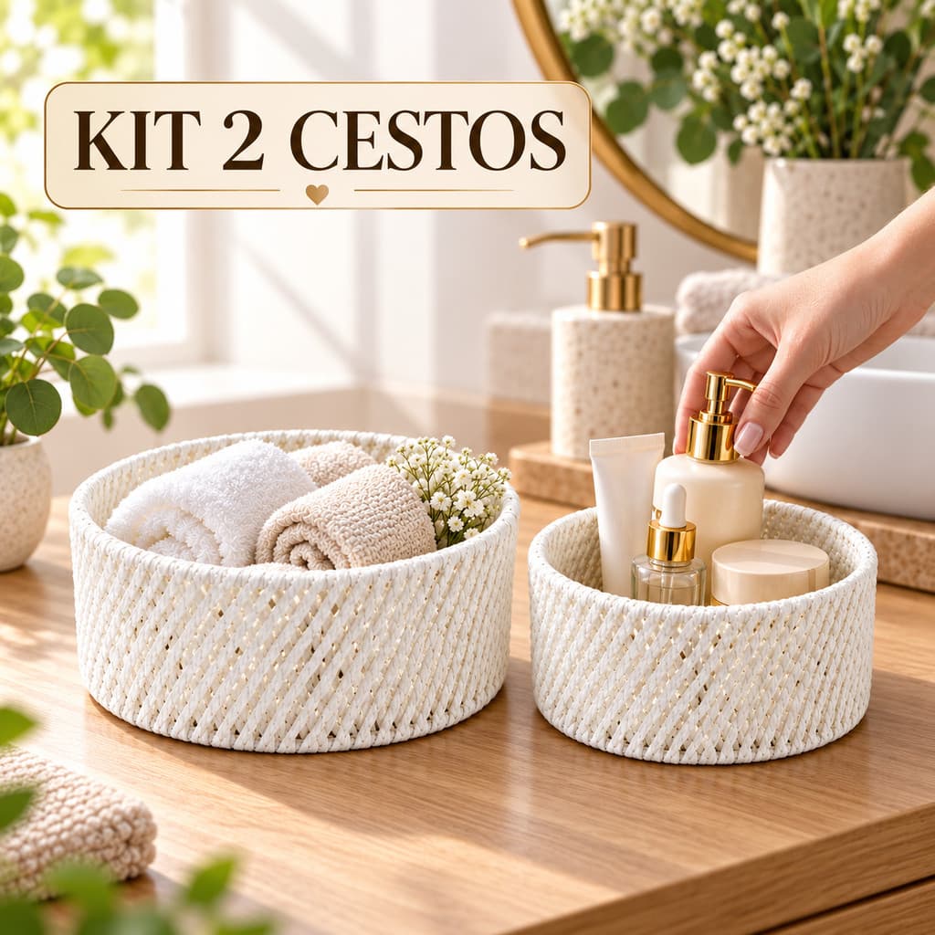 Kit 2 Cesto Organizadores Redonda Decoração Multiuso Quarto Closet Armario Banheiro Fio Grande Pequeno