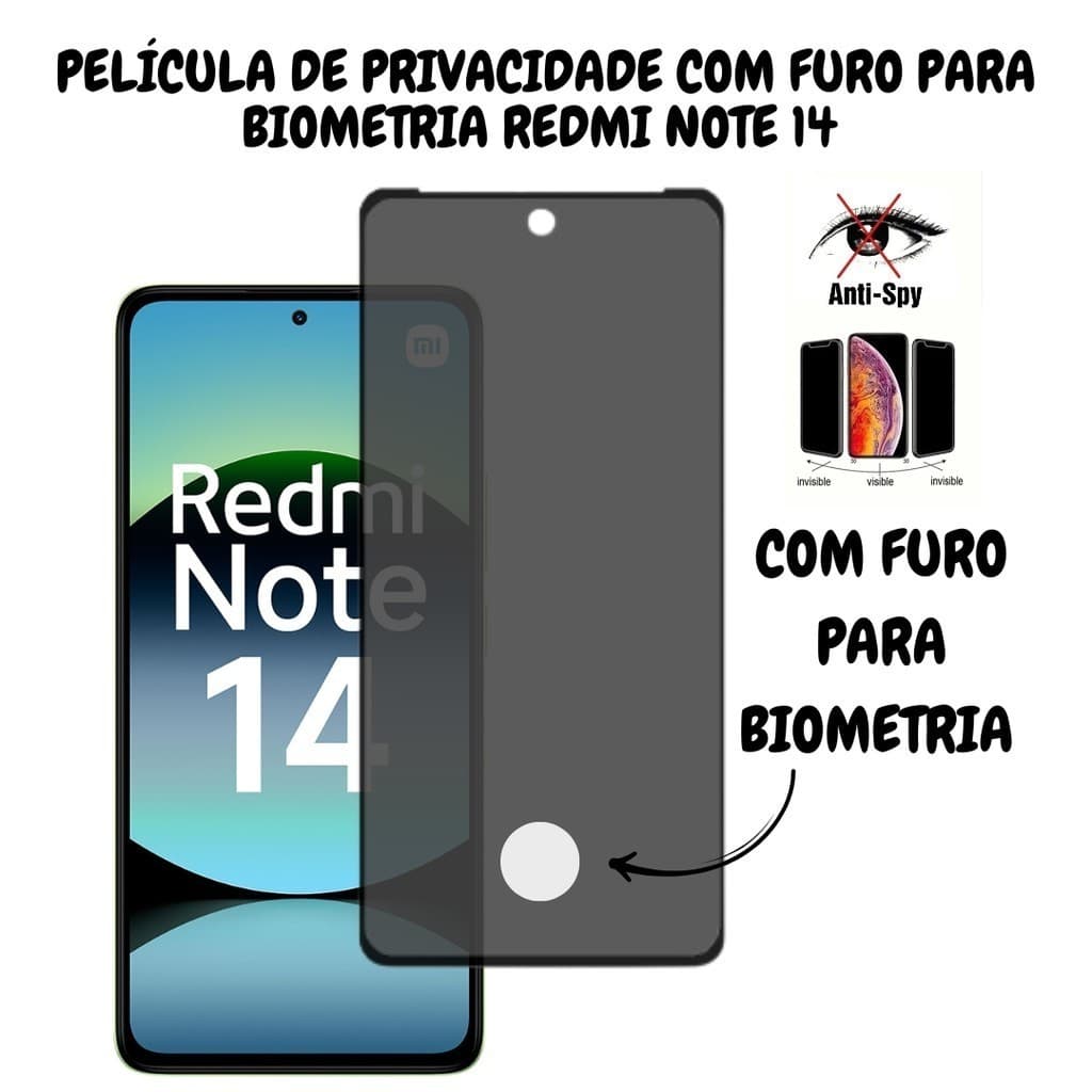 Película Privacidade Vidro 3D Para Redmi Note 14 4G / 5G - Com Furo Para Biometria