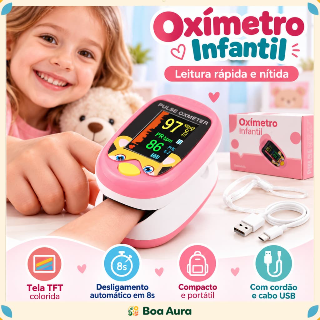 Oxímetro Infantil de Dedo Digital Pediátrico com Tela TFT Colorida SpO2 Pulso Recarregável USB