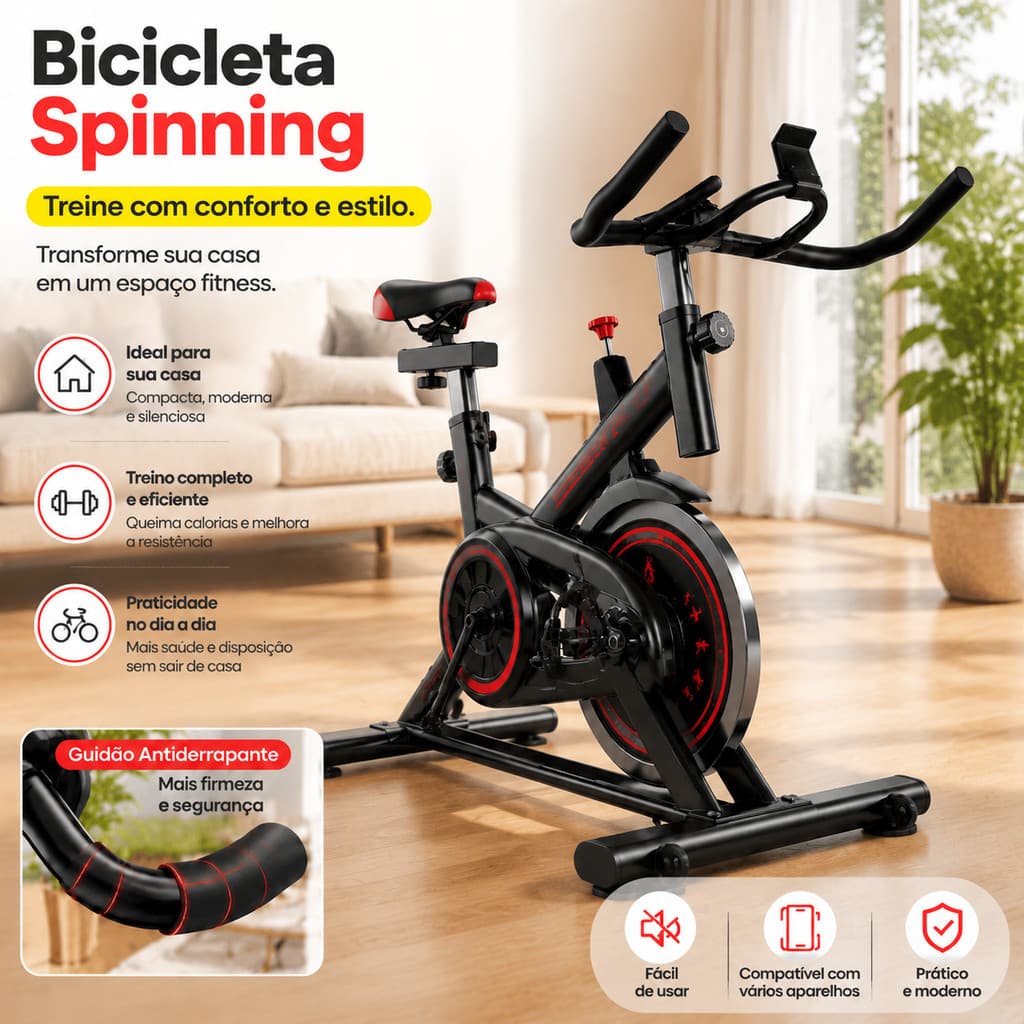 Bicicleta Ergometrica Spinning Profissional Estável, Roda Inércia, Resistência Ajustável e Suporte 200 kg p/ Academia