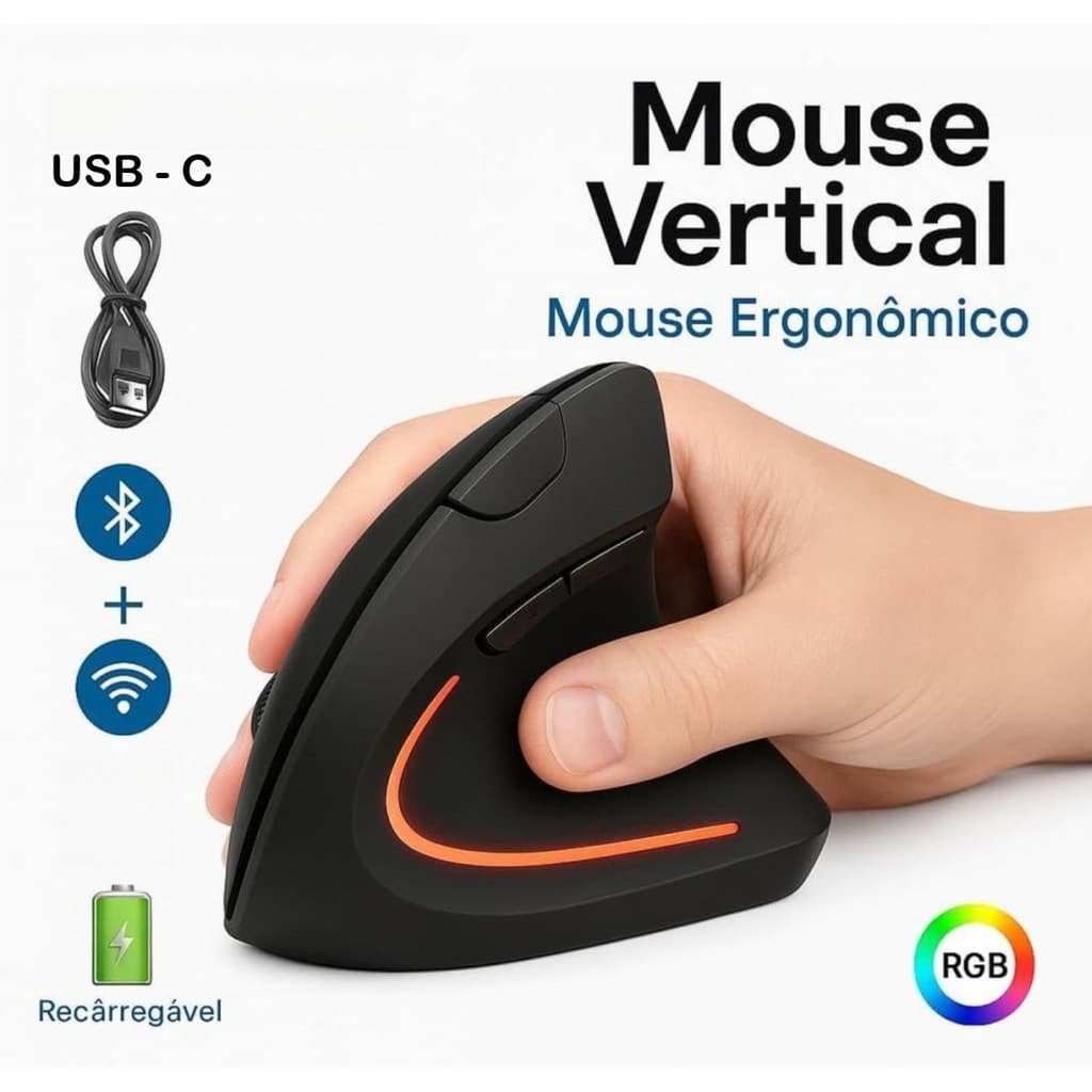 Mouse Vertical Sem Fio Usb Ergonômico Recarregável Bluetooth Silencioso Confortável