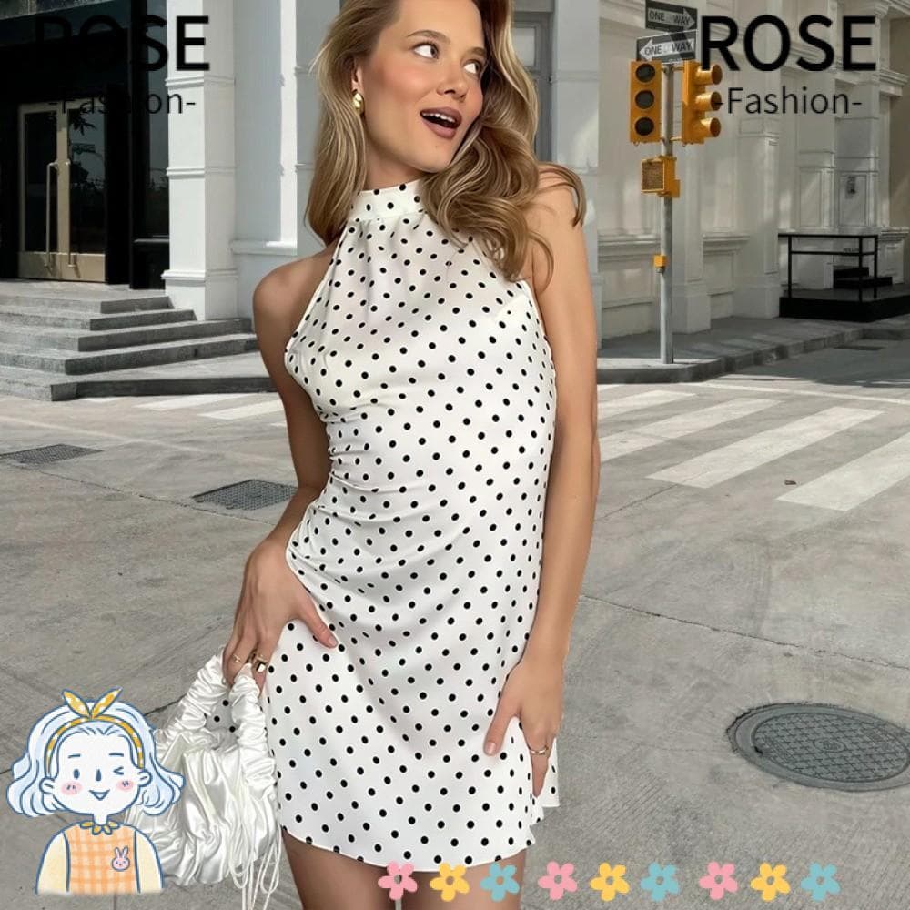 ROSEGOODS Vestido Com Gola Halter , Cintura Cinched , Feminino Sem Mangas De Verão , Vestidos De Praia Fluidos Respiráve