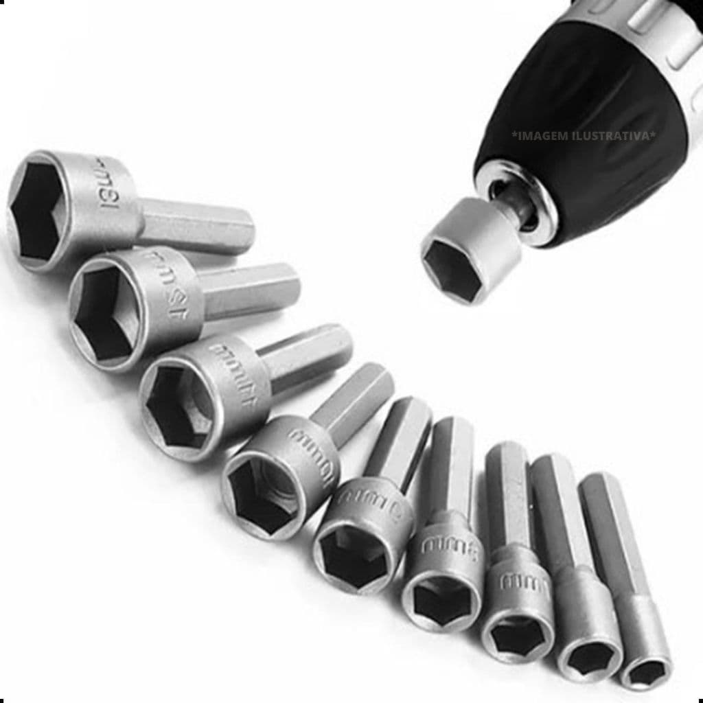 Jogo Soquetes Bits Sextavado Profissional Kit 9Pçs Aço 1/4 Furadeira Parafusadeira Compativel Makita