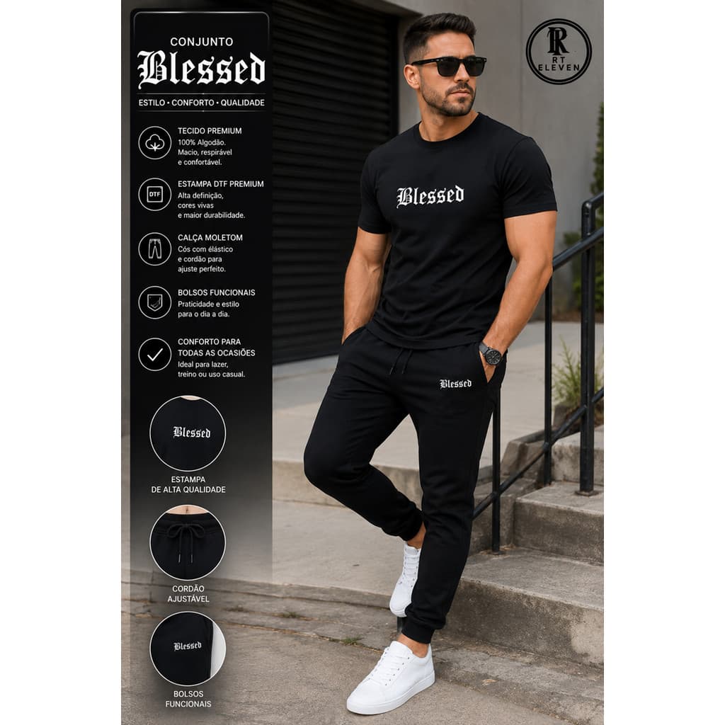 Kit Conjunto Blessed Camiseta e Calça moletom  Moda masculina camiseta casual Malha Algodão + calça Moletom Com bolso Ar
