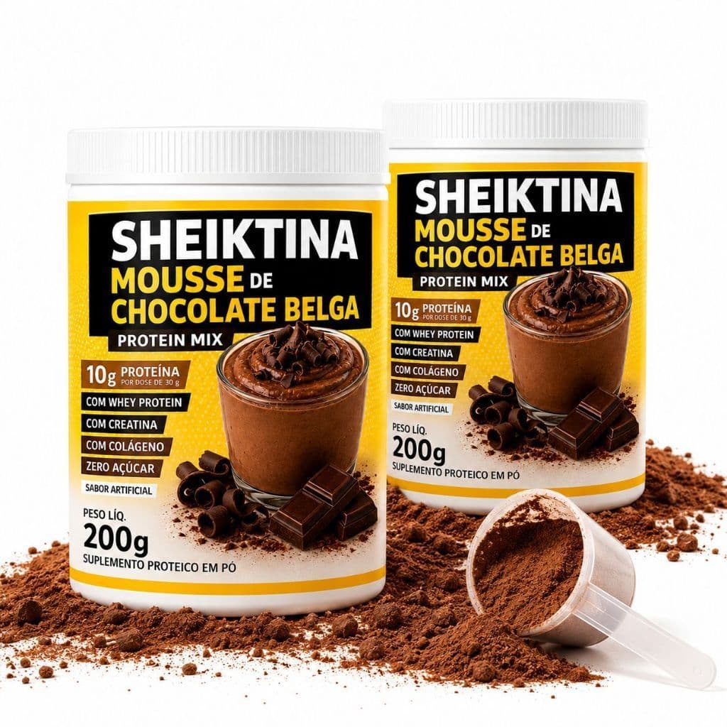 2 Sheiktina Mousse de Chocolate Belga – Suplemento Proteico em Pó com Whey Protein, Creatina e Colágeno | Zero Açúcar