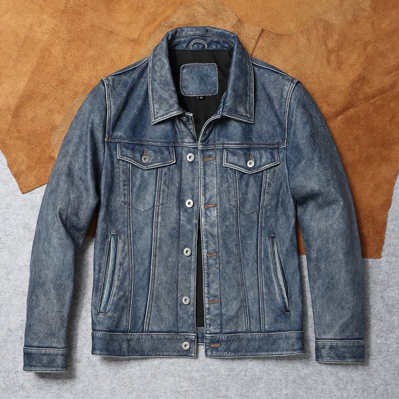 2024 estilo Denim fino-ajuste jaqueta de couro masculino 507 jaqueta de couro Retro angustiado jaqueta de couro genuíno 