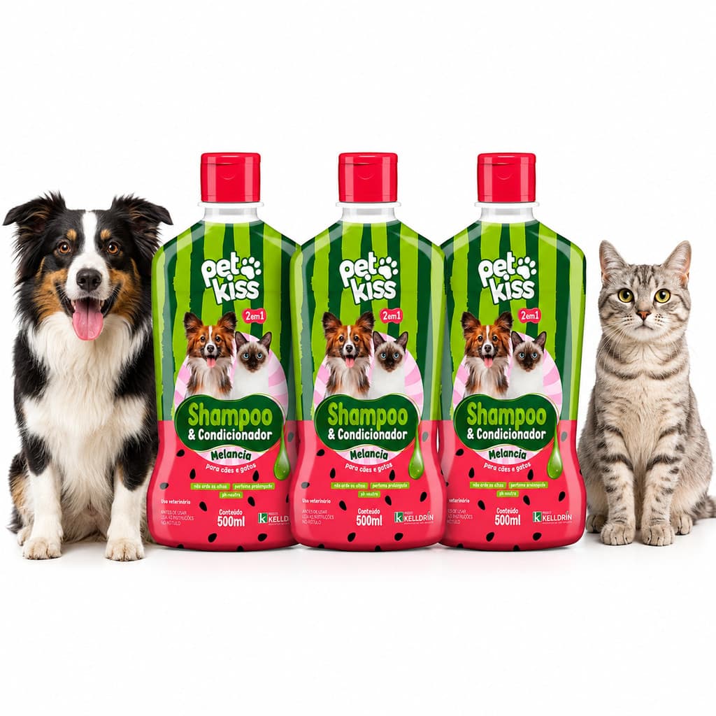 3 Unidades Shampoo Melancia 2 em 1 Pet Kiss para Cães e Gatos
