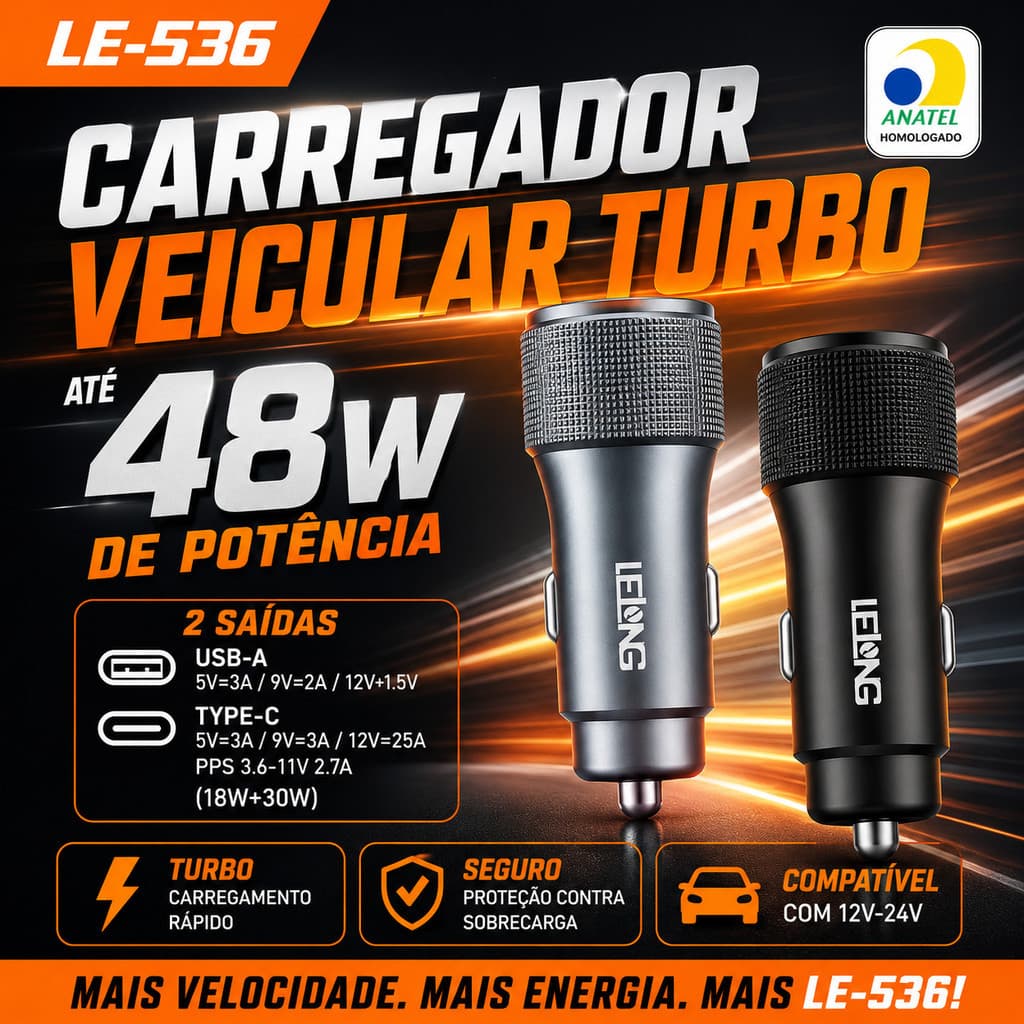 Carregador Veicular TURBO LE-536 COM 2 PORTAS ULTRA PD-USB