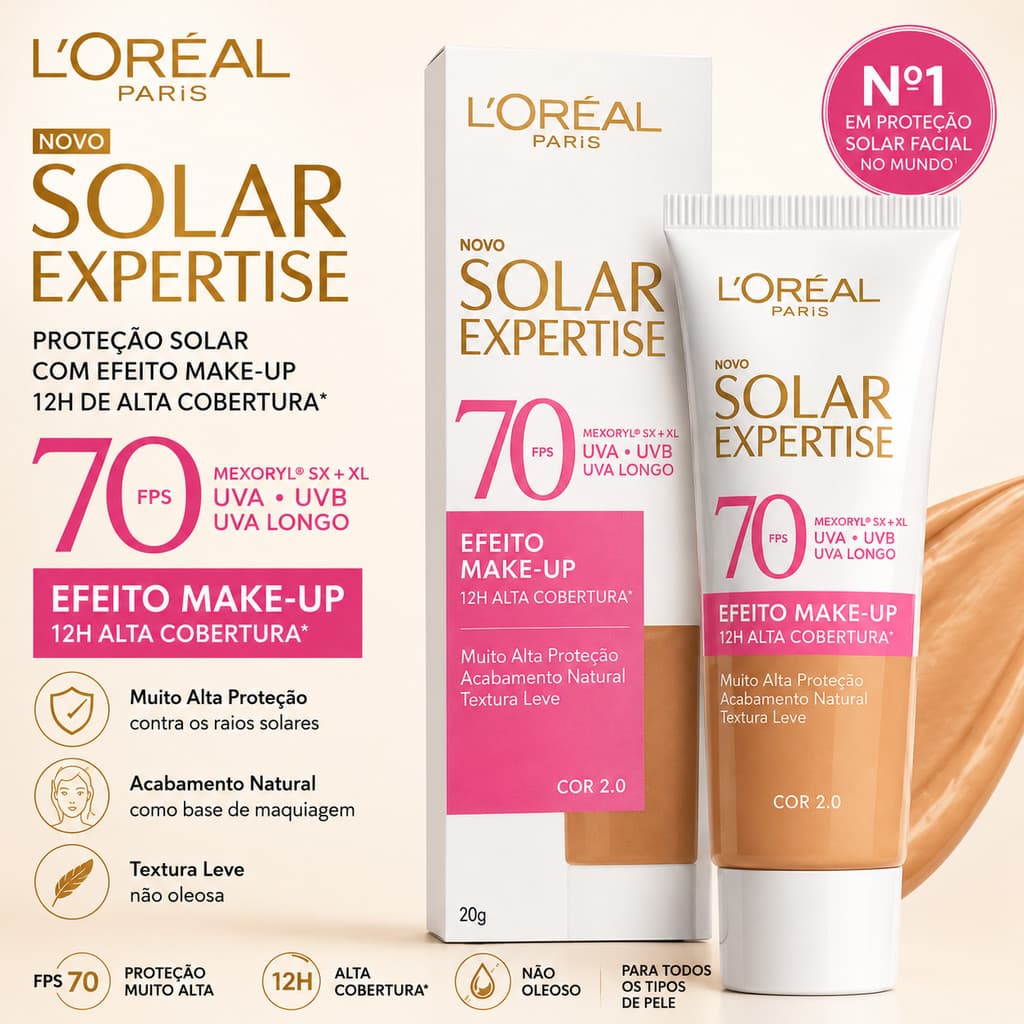 Protetor Solar Facial L’Oréal Paris Solar Expertise 2.0 Efeito Make Up FPS70 30Gr