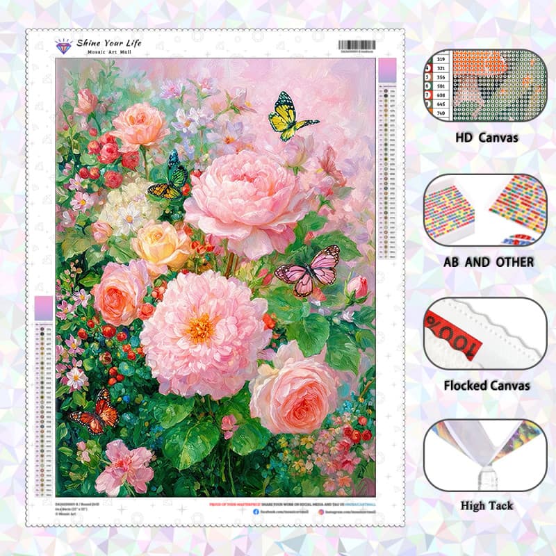 [PL Diamantes AB Atualizados + Tecido Flocado] Peônia Borboleta Sonho Pintura Diamante 5D DIY Artesanato Mosaico Bordado
