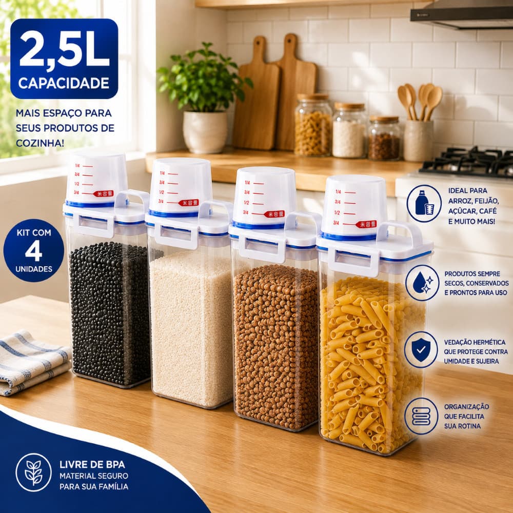 Pote de Mantimentos para Cozinha Hermético 2,5L para Alimentos com Bico Dosador e Copo Medidor Organizador Multiuso