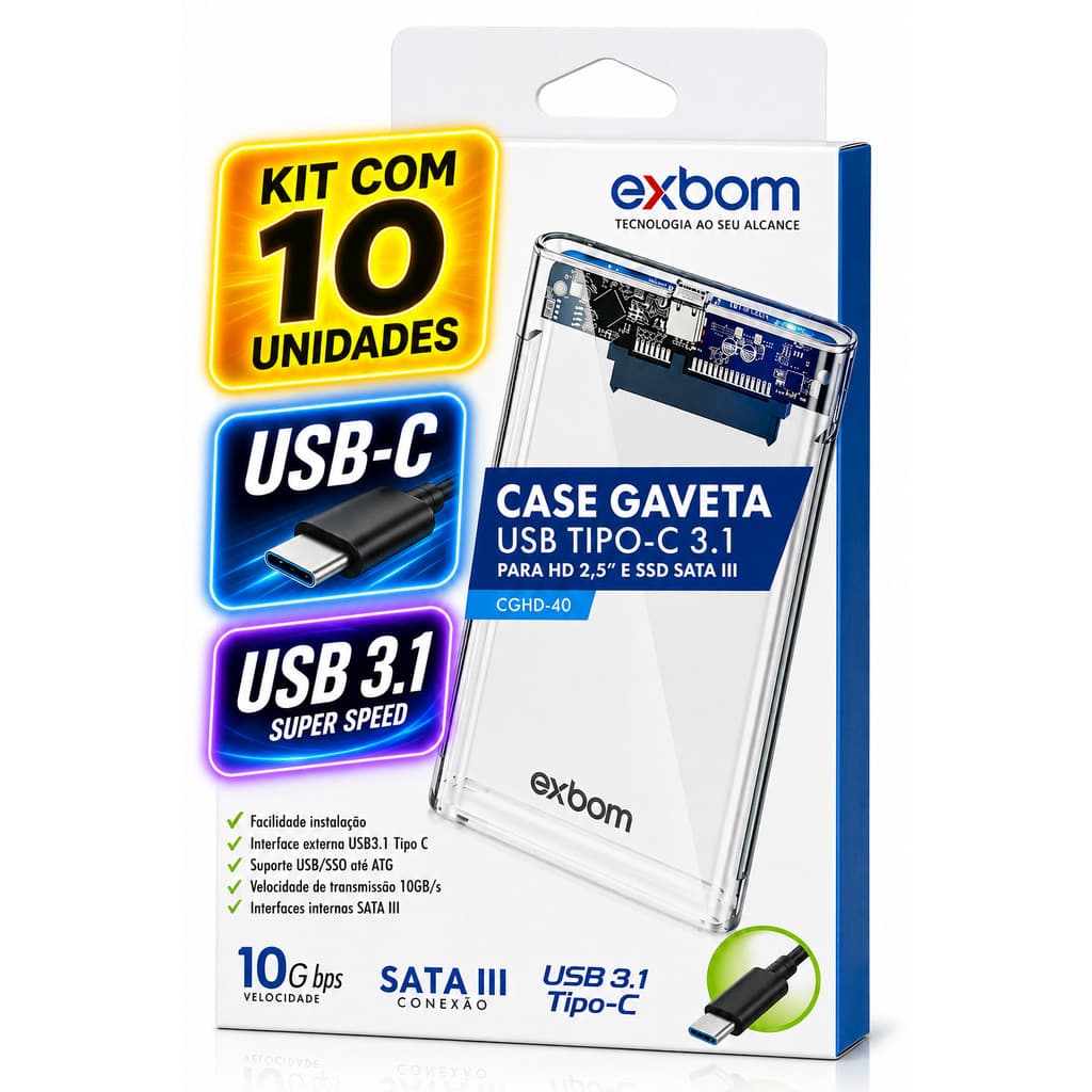 Kit 10 Case Externo Para HD e SSD USB 3.1 Tipo C Sata III CGHD-40