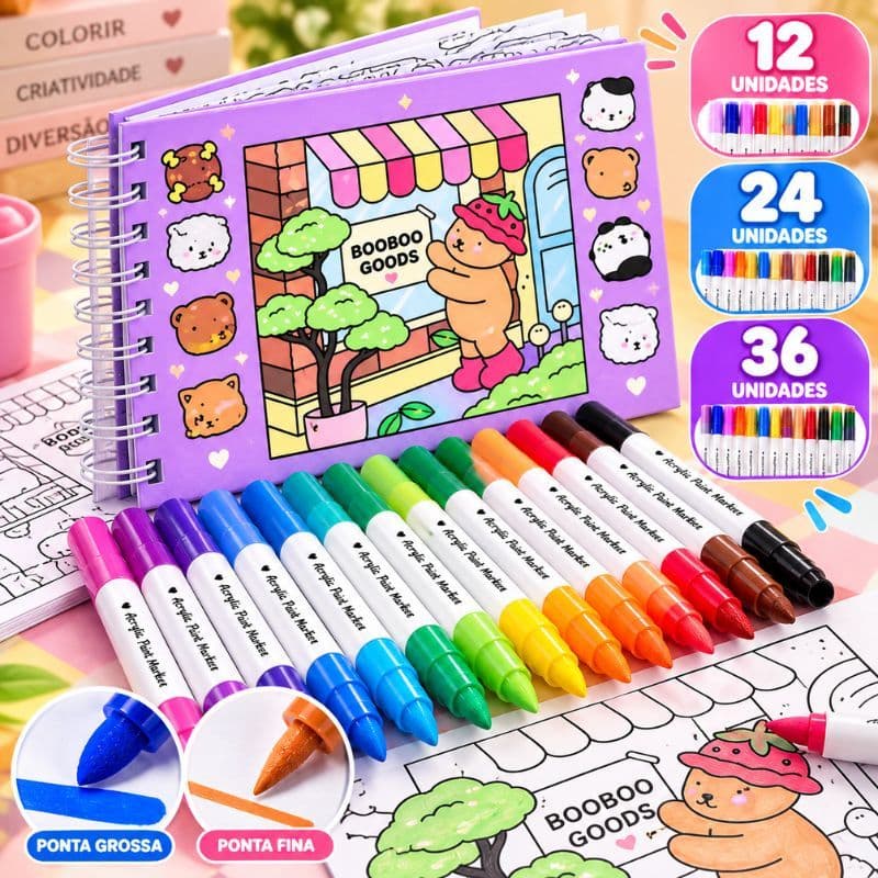 Kit Presente Livro de Colorir Booboo Goods + Canetas Ponta Dupla 50 Folhas 180g Ursinhos Cute A5