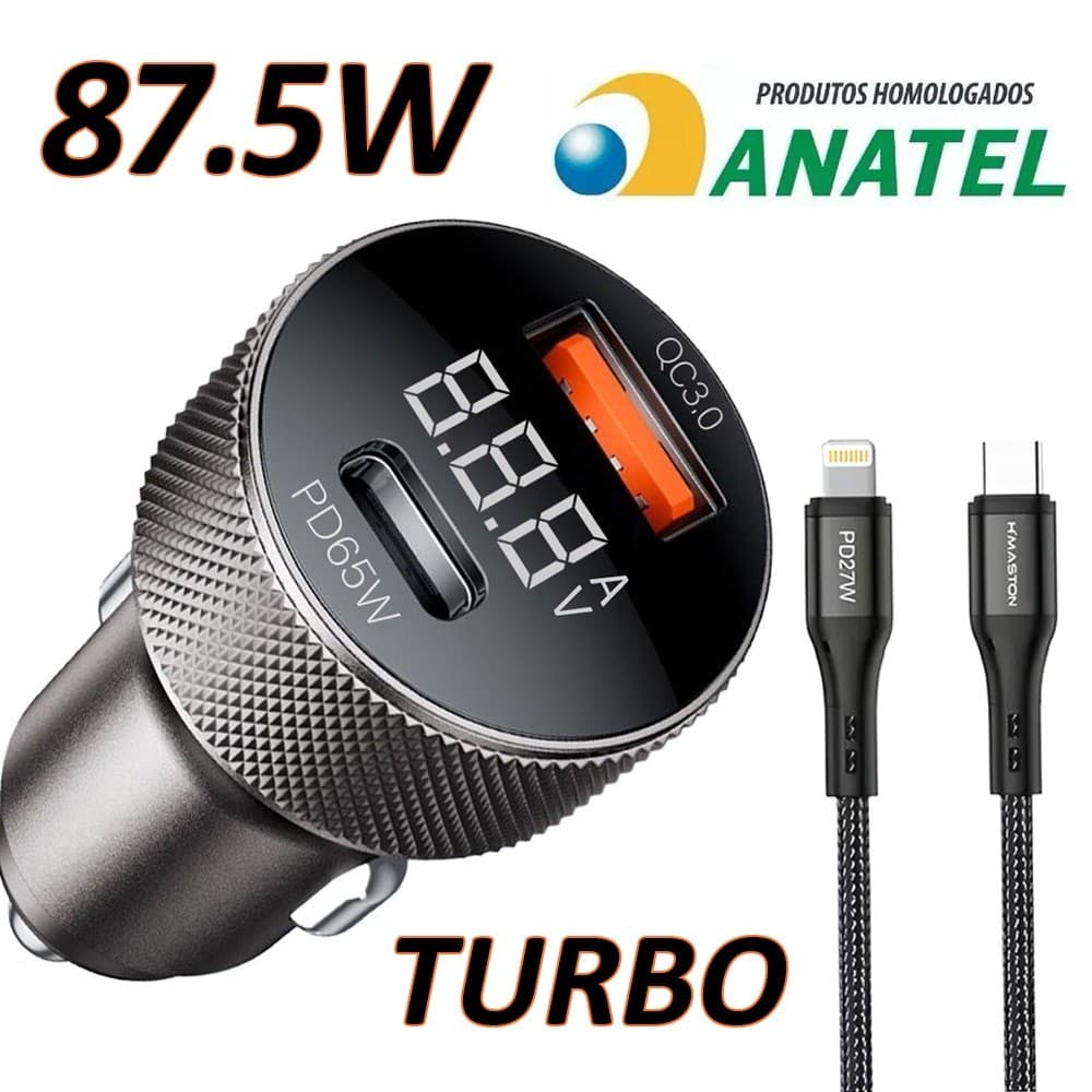 H'maston Carregador Veicular Turbo 87.5W Duas Entrada USB-C USB-A Carregamento Super rápido Promoção