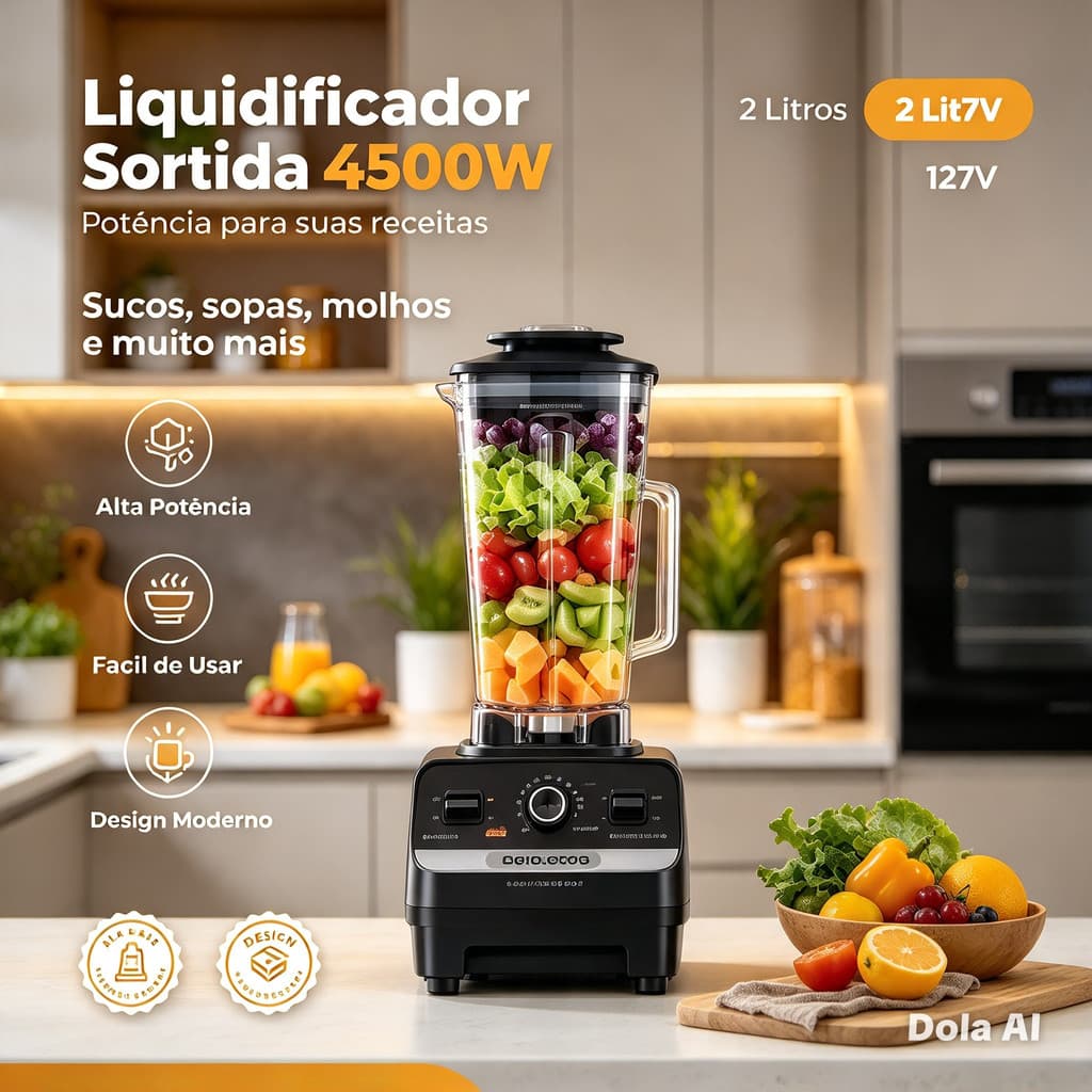 Liquidificador Potente 4500W Alta Velocidade Capacidade 2 Litros Facil Limpeza Versatil Sortido