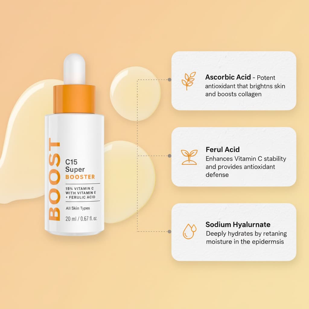 Sérum facial de alta eficácia, com 15% de vitamina C e vitamina E, de textura leve, que revitaliza a pele, proporcionand