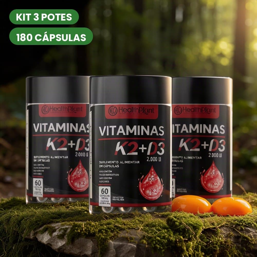 Suplemento Vitamina K2 + Vitamina D3 2000ui 500mg Kit 3 Potes 180 Cápsulas