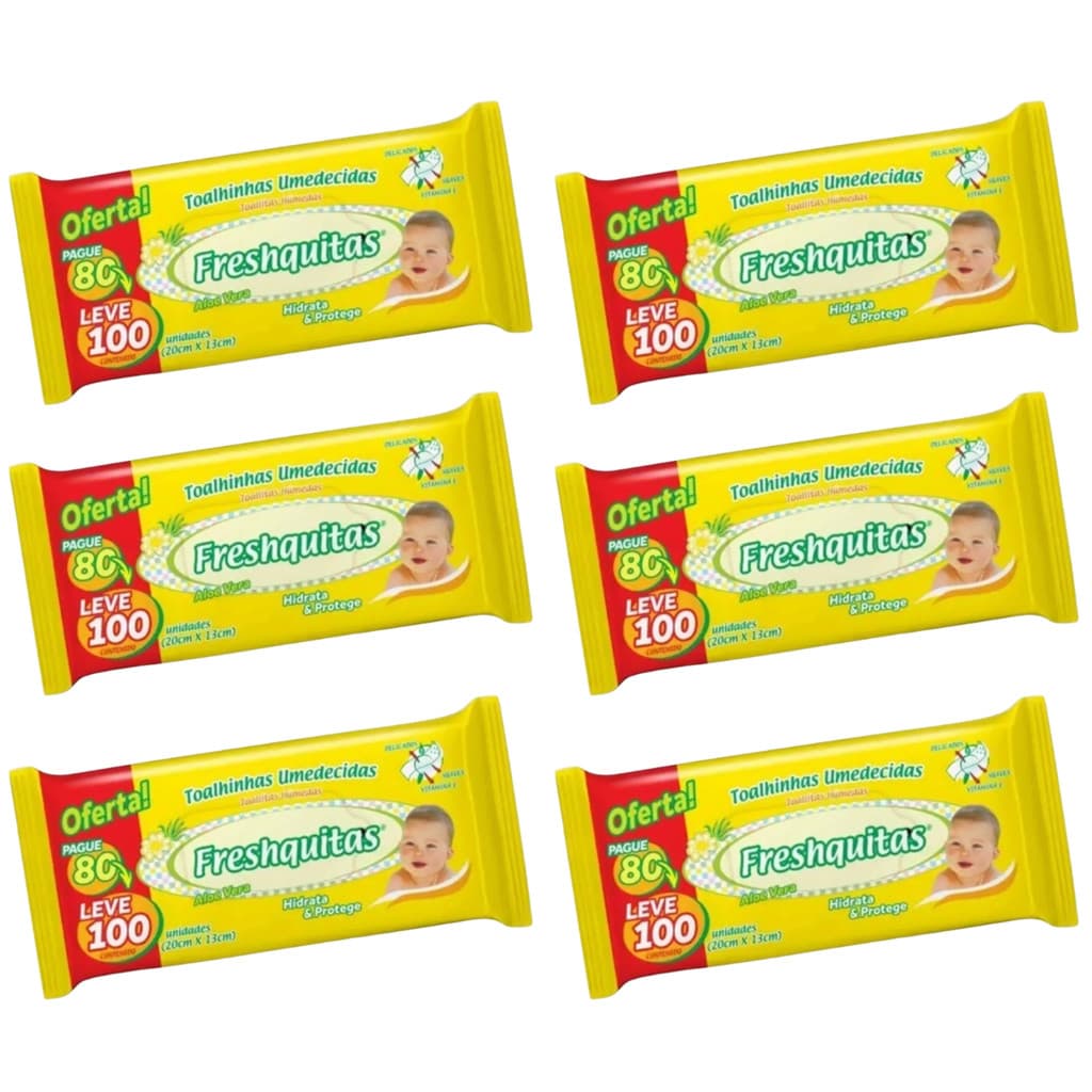 Kit 6 Pacotes de Lenço Umedecido Freshquitas Bebe Premium 100 Unidades Total 600 Toalhas