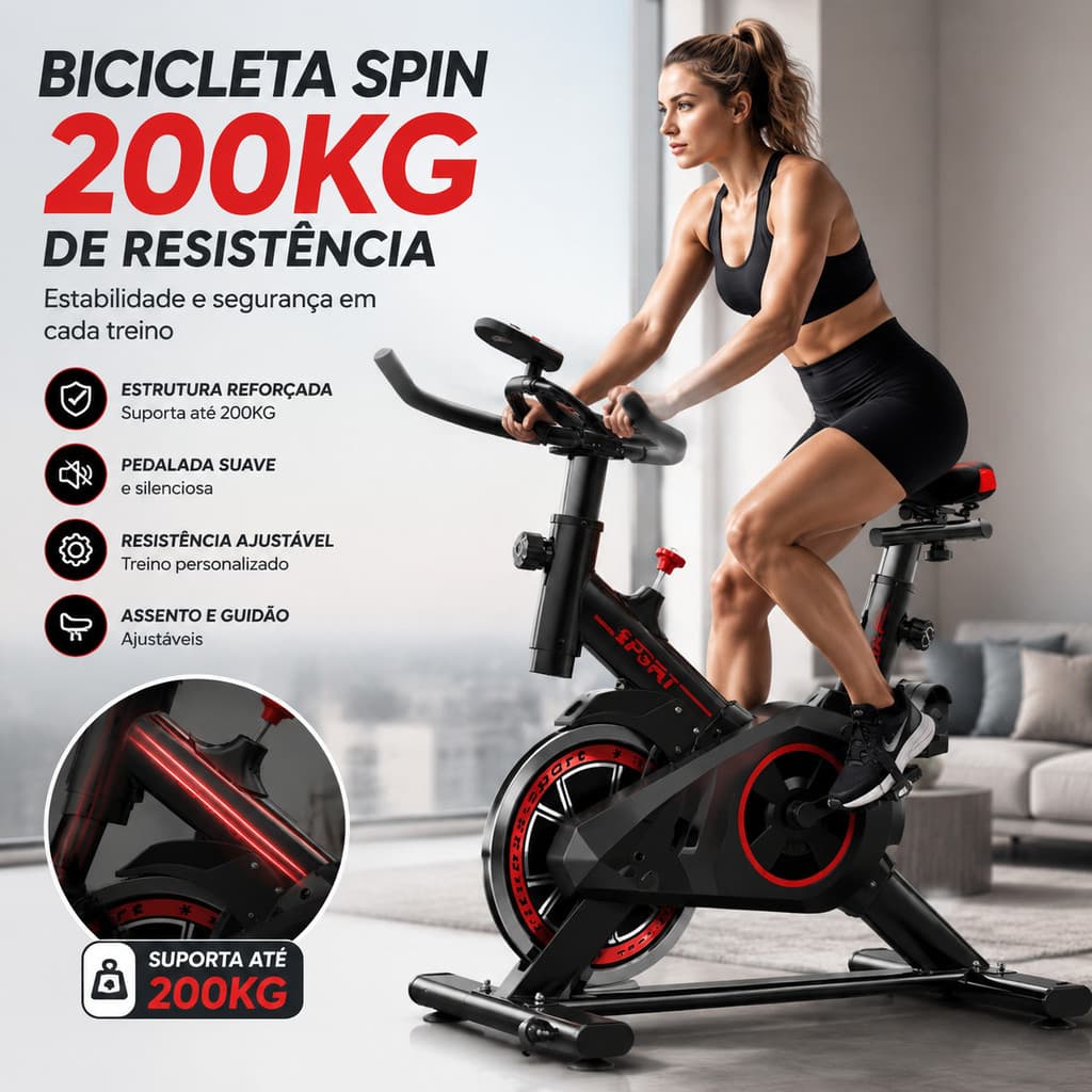 Bicicleta Spinning Ergométrica Versão Atualizada Profissional Silenciosa Suporta até 200kg Treino Academia e Fitness
