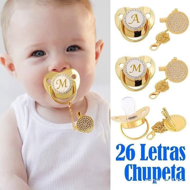 Chupeta de bebê de carta de ouro de luxo com tampa de poeira, chupeta de silicone líquido, textura macia, livre de BPA