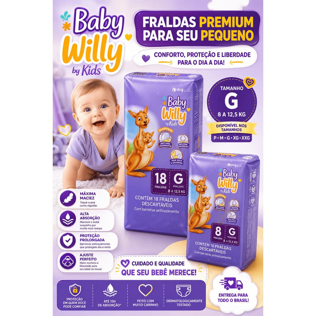 8un - Fralda Infantil Descartável  Tamanho G -  BABYWILLY