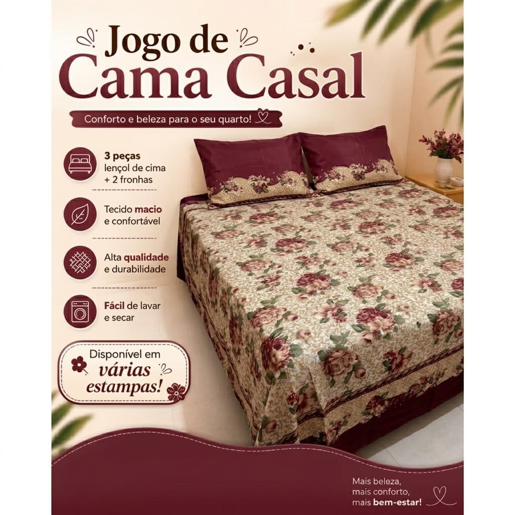 Jogo de Lençol Casal Estampado 100% Poliéster Toque Macio Confortável Alta Qualidade