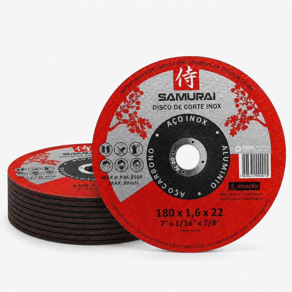 Kit 10 Discos Corte 7 Polegadas 180x1,6mm Fino Inox Ferro Aço Samurai Esmerilhadeira Lixadeira