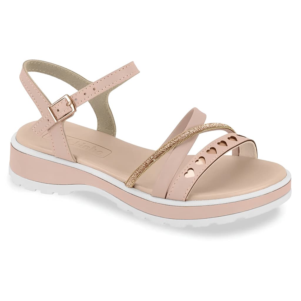 Sandália Infantil Menina Molekinha Rosa Brilho Corações Flatform Confortável Fivela Calçado Meninas Blogueirinha Moda
