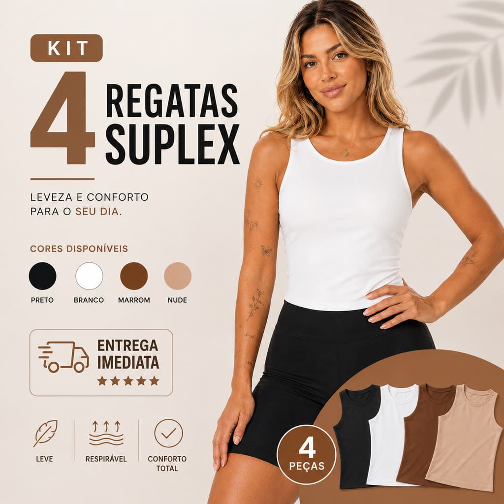 KIT 4 Regata Blusinha Feminina Suplex Duplo Básica Elegante Tendencia Basica Dia a Dia Academia Fitness