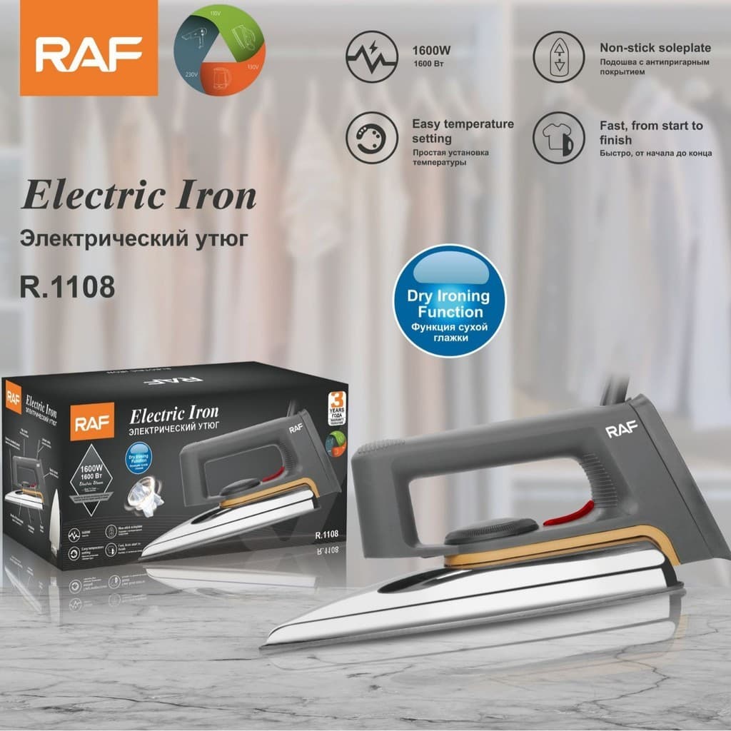 R RAF Ferro elétrico de engomar a seco à moda antiga, sem água, sem transferência de calor a vapor, transferência de cal