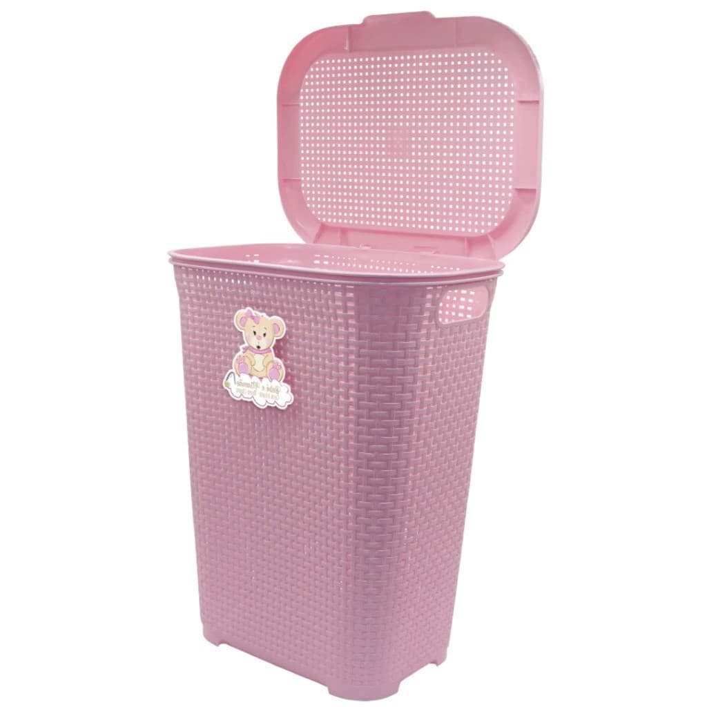 Cesto de Roupa Suja 30L com Tampa Rattan Luxo Organizador Quarto Infantil Banheiro Azul Rosa Branco