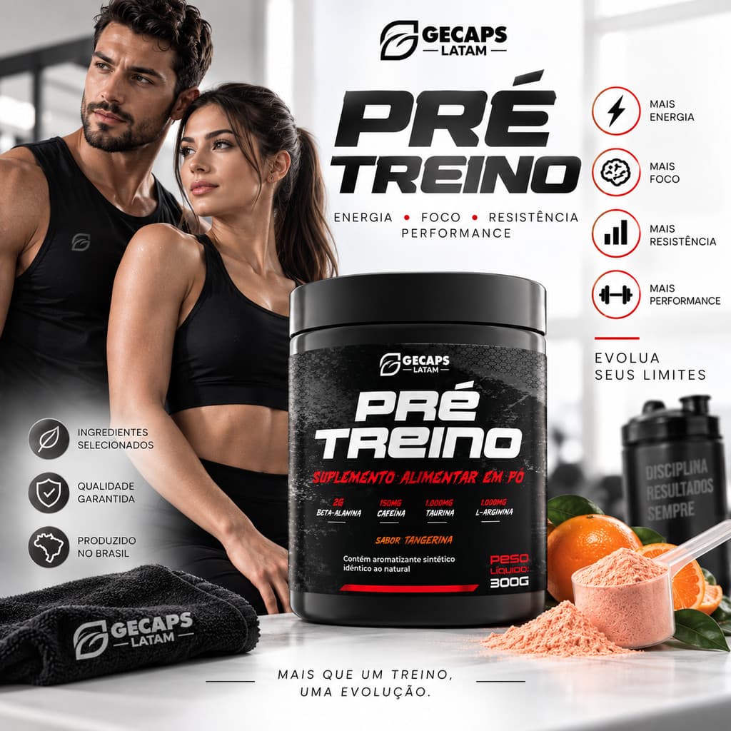 Pré Treino Sabor Tangerina 300g | GL Suplemento Alimentar em Pó | Beta-Alanina Cafeína Taurina L-Arginina