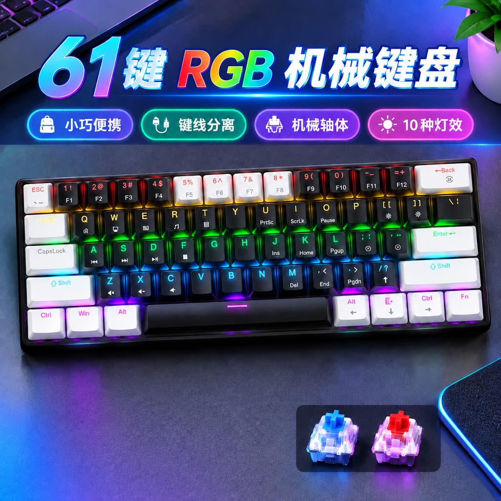2026 Novo produto 61 teclas com fio mecânico eixo verde teclado eixo vermelho RGB portátil jogo teclado de escritório co