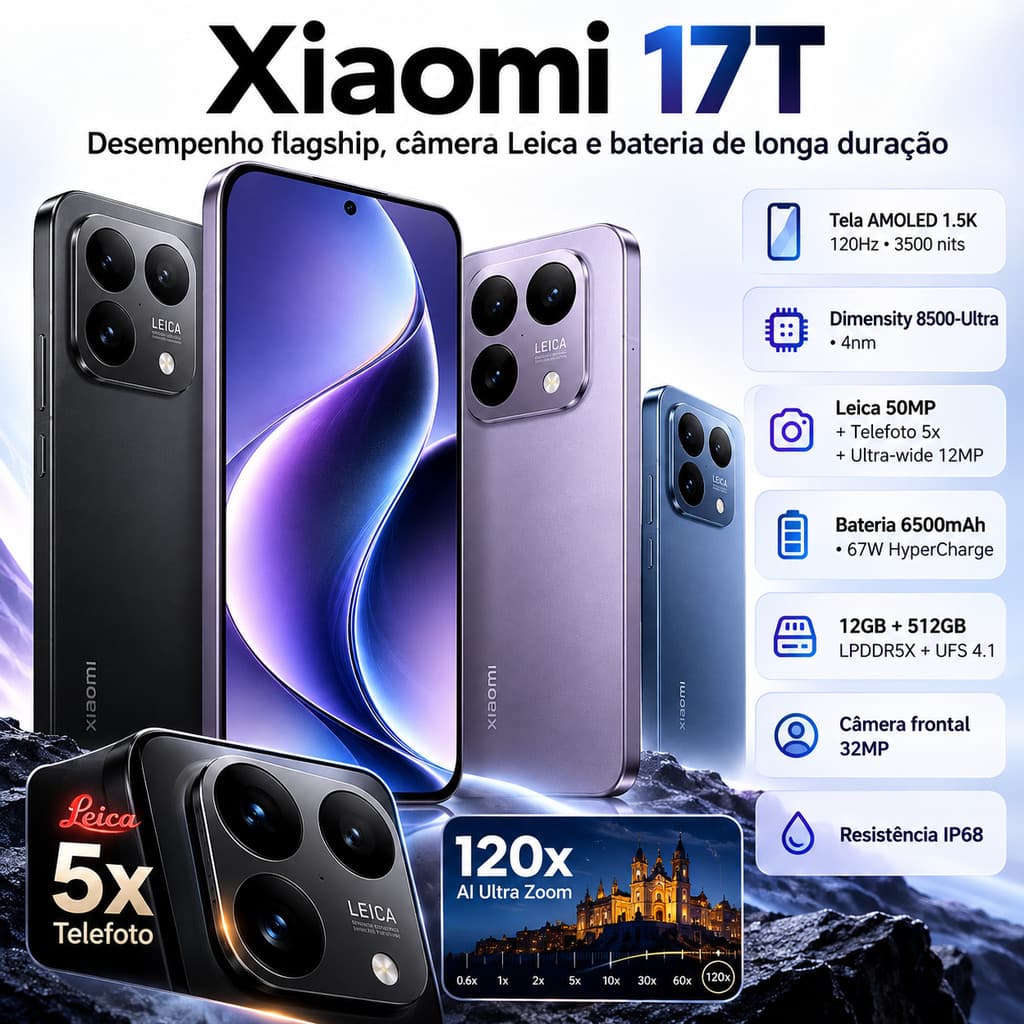 Smartphone Xiaomi 17T 12GB 512GB, Tela 6,59" AMOLED 120Hz, Leica 50MP, Bateria 6500mAh, 67W HyperCharge, IP68