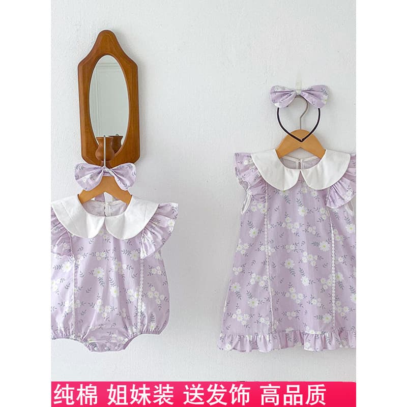 24 verão roupas de bebê menina boneca gola renda macacão menina A linha vestido irmãs vestido bebê macacão