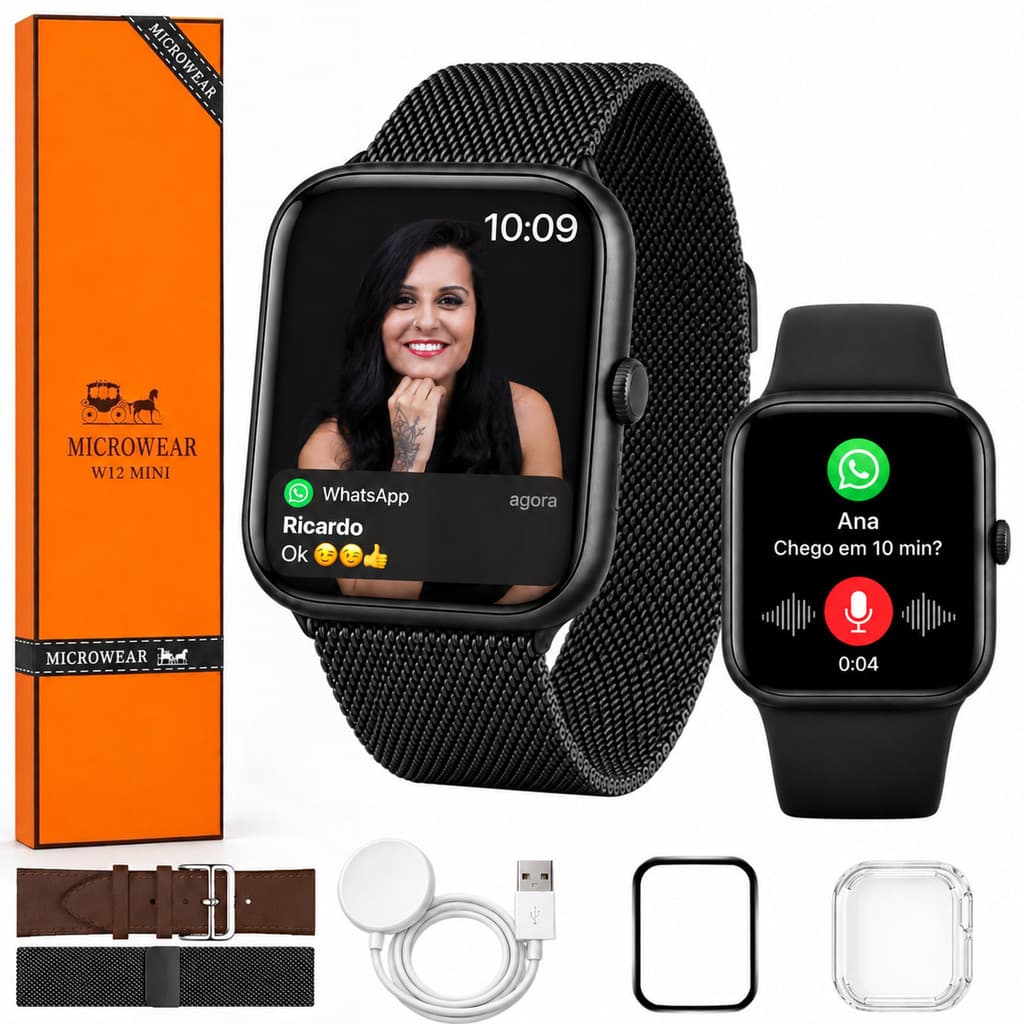 Relógio Smartwatch W12 Mini Série 12 Amoled NFC +Pulseira Milanese Feminino Masculino Responde Whatsapp por Voz
