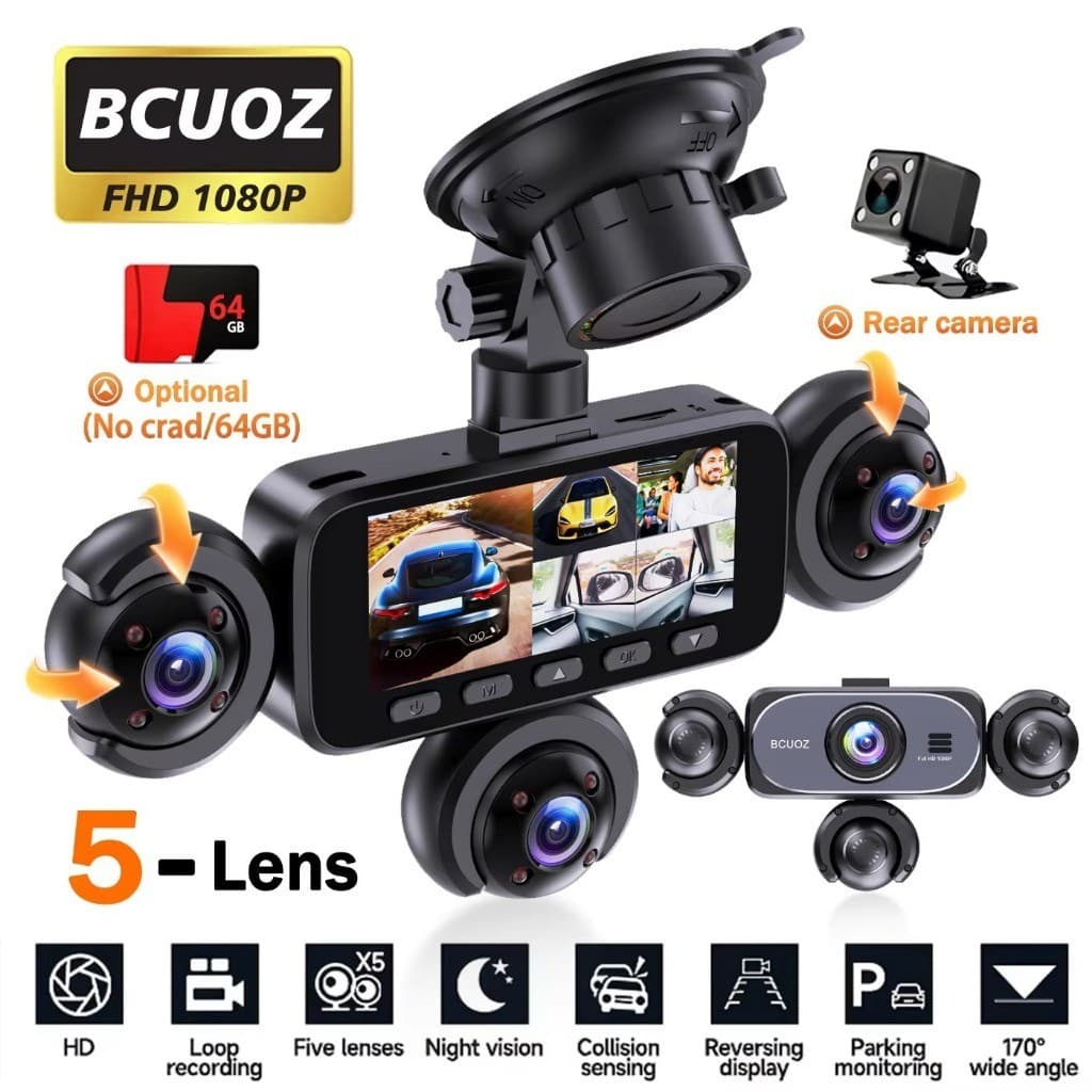 Câmera De Carro Traseira Esquerda Direita De 5 Lentes 360 Dashcam 1080P Frontal 720P , Caixa Preta , Gravação De Loop De