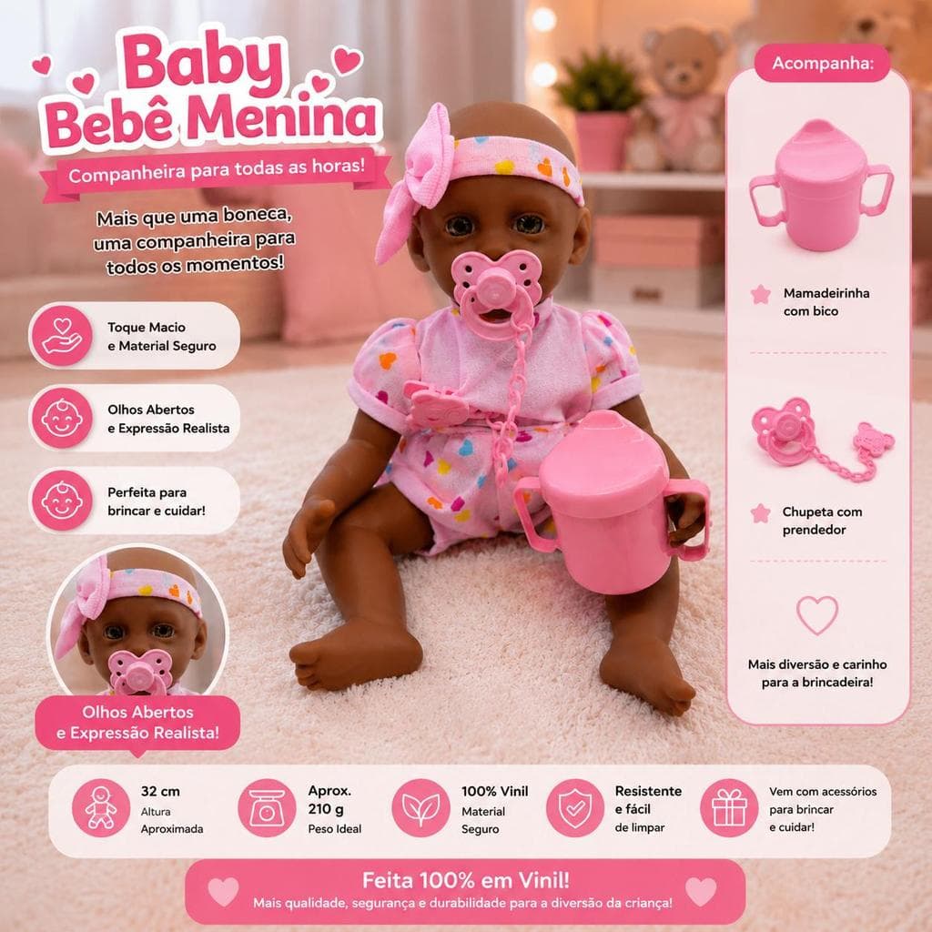 Boneca Bebê Reborn Negra Com Tiara Articulada 32cm Vinil Sem cabelo